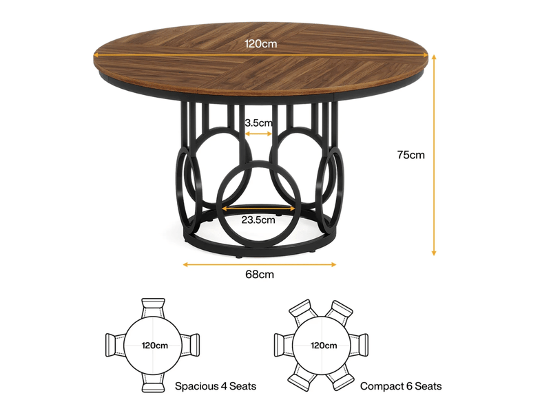  Table de salle à manger pour 4 à 6 personnes avec plateau rond, style industriel, en mdf et métal, noir et brun, 120 × 120 × 75 cm  - Conforama D