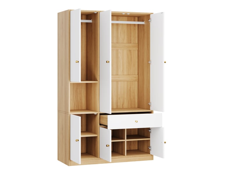 Armoire 3 portes armoire de chambre 120x50x200 cm avec 2 tringles 1 tiroir et compartiments blanc et bois - Conforama R