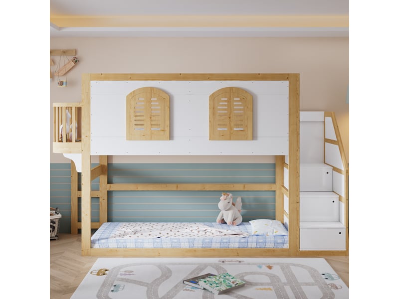 Lit mezzanine enfant 90x200 cm – blanc et naturel – escalier de rangement et espace de jeu intégré - Conforama B