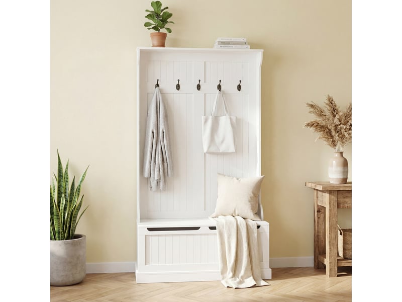 Meuble d'entrée avec banc porte manteaux 3 en 1 5 crochets banc de rangement pour salon couloir crème 96 x 34 x 179,7 cm - Conforama W