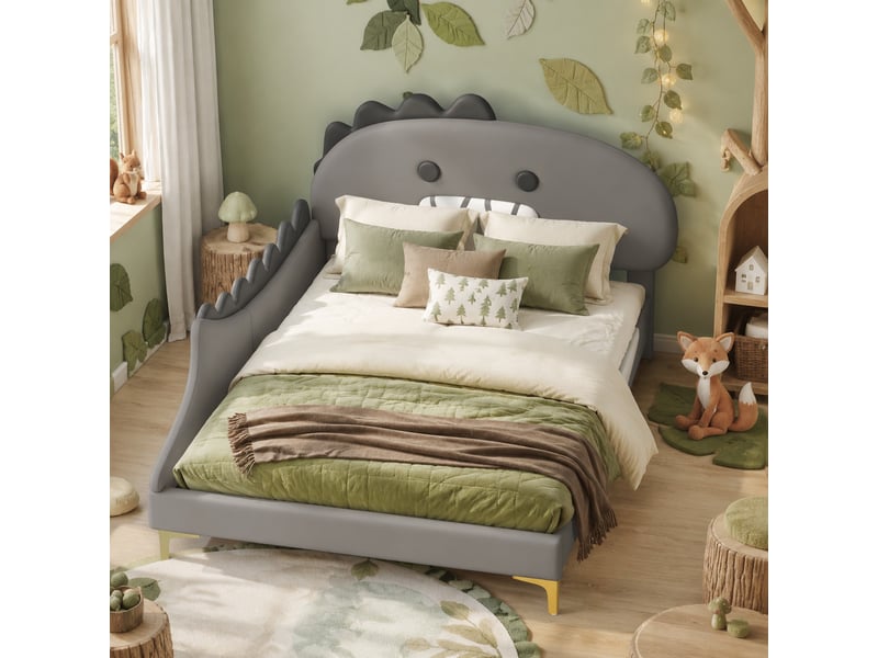  Lit enfant 140x200cm, sommier, tête de lit en forme de dinosaure incluse, lit 2 places, pu gris, sans matelas  - Conforama B