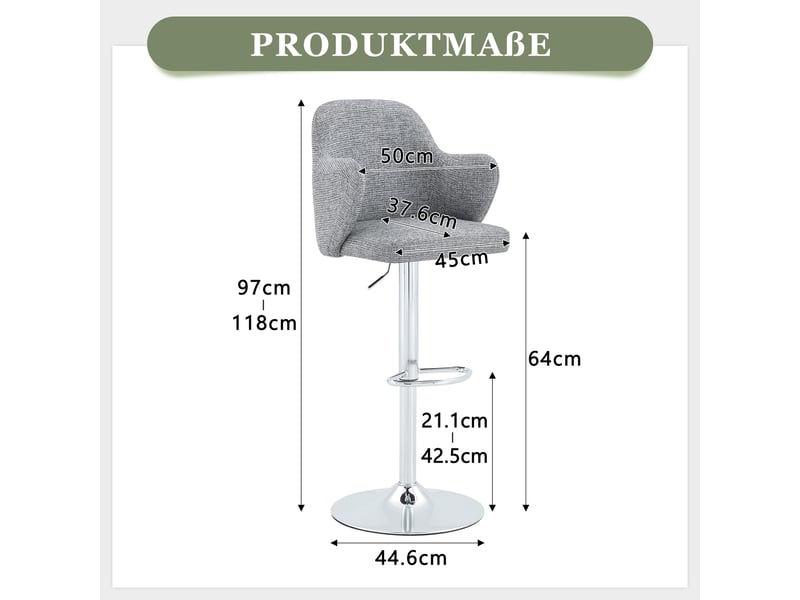  Tabourets de bar lot de 2 réglables et pivotants - lpospi - accoudoirs et repose-pieds, tissu gris - 88×49×54,5 cm  - Conforama D