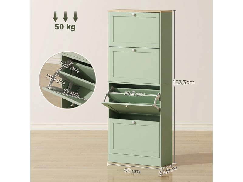  Meuble à chaussures 24 paires, armoire à chaussures avec 4 tiroirs rabattables, 60x23,5x153cm, étagères réglables, vert  - Conforama C