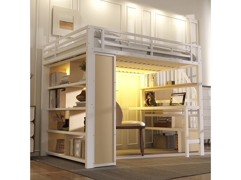  Lit mezzanine 140 x 200 cm sans matelas, structure métal, bureau, rangement, led, escalier avec coffre, blanc  - Conforama C