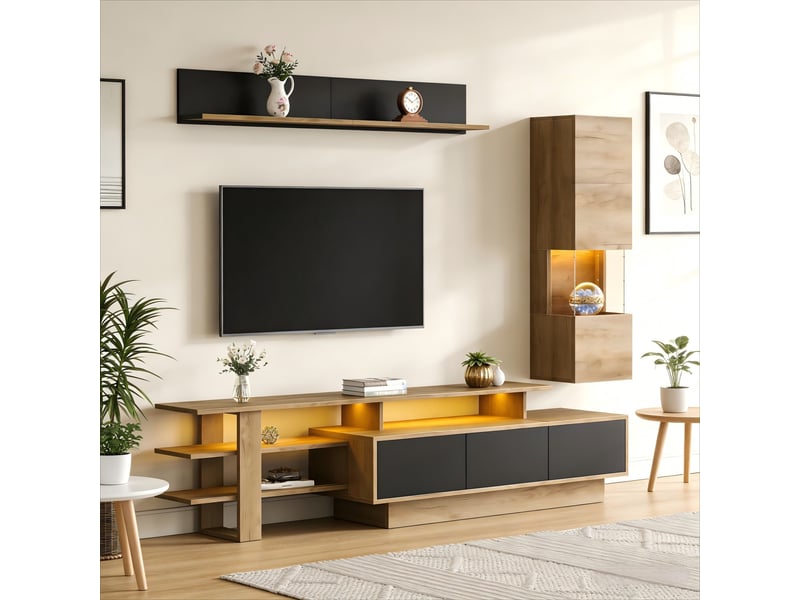  Meuble tv mural design 3 pcs led salon noir et bois naturel, 1 meuble tv 3 tiroirs, 1 vitrine, 1 étagère, tv jusqu'à 80 pouces  - Conforama B