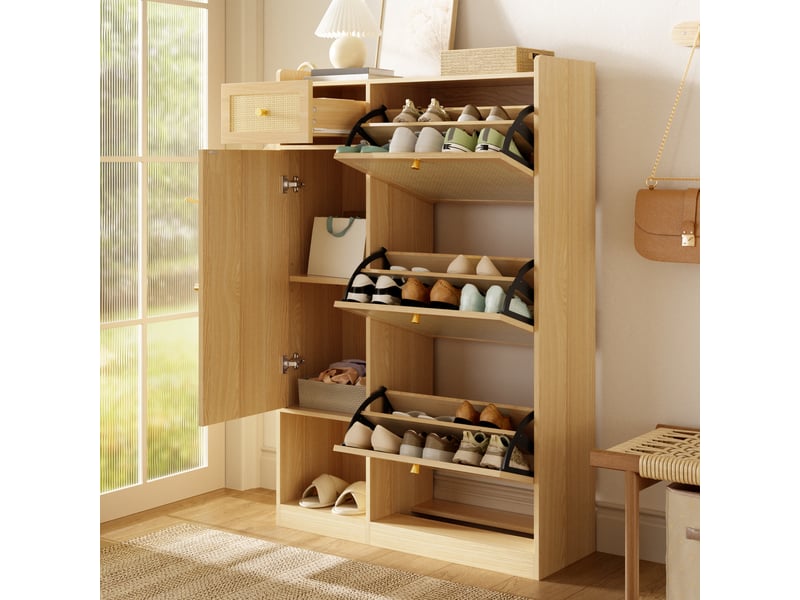 Meuble à chaussures en rotin 3 abattants 1 tiroir, armoire de rangement étroite 25cm pour entrée, naturel - Conforama R