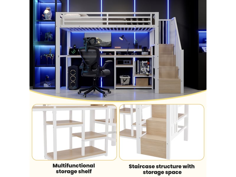 Lit mezzanine, 90 × 200 cm, blanc, métal, led, usb + type-c, armoire-échelle, étagères, sans matelas, led pilotable par appli - Conforama E
