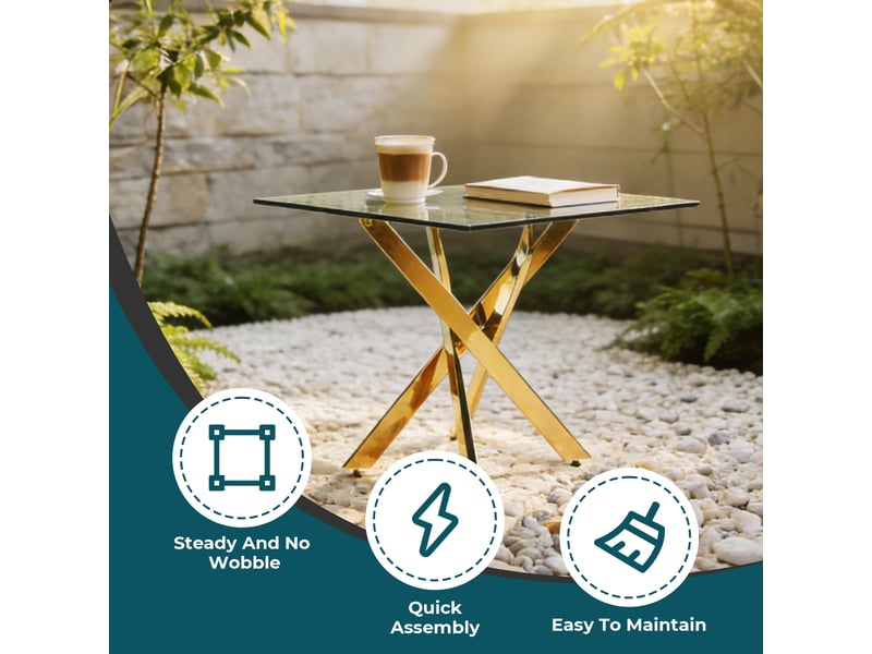  Table de salle à manger carrée avec plateau en verre, pieds métal croisés et style moderne, or 80 x 80 x 75 cm  - Conforama D