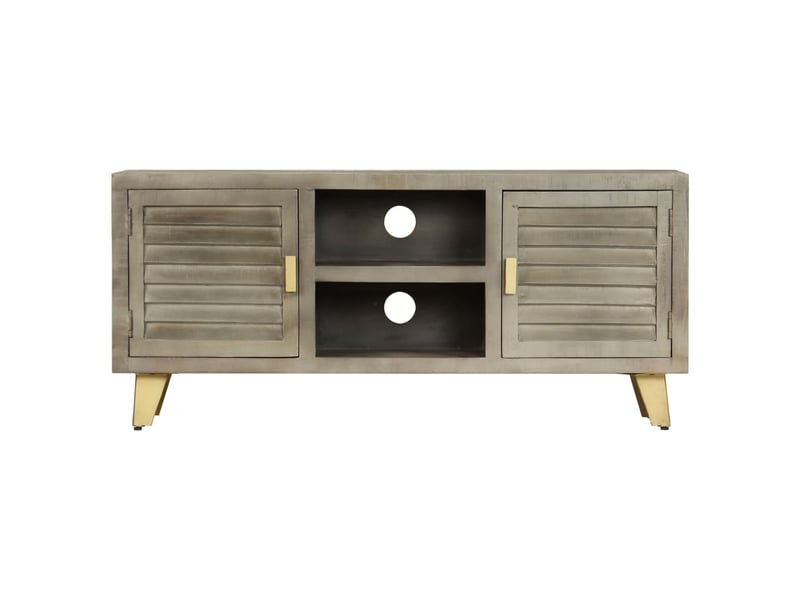  Meuble tv - banc tv - meuble de rangement bois solide de manguier gris avec laiton 110x30x48 cm  - Conforama A