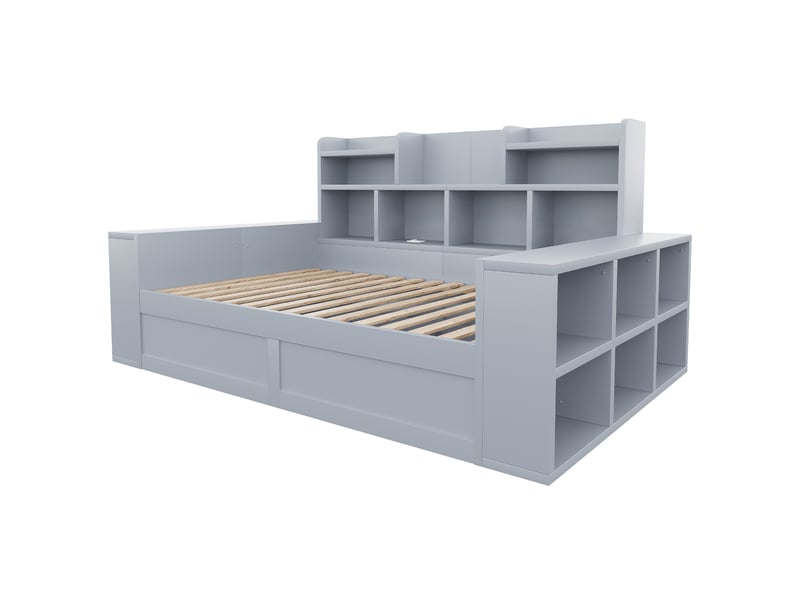 Lit banquette simple 90x200 cm en bois avec coffre relevable, rangements, prises et led, gris  - Conforama E