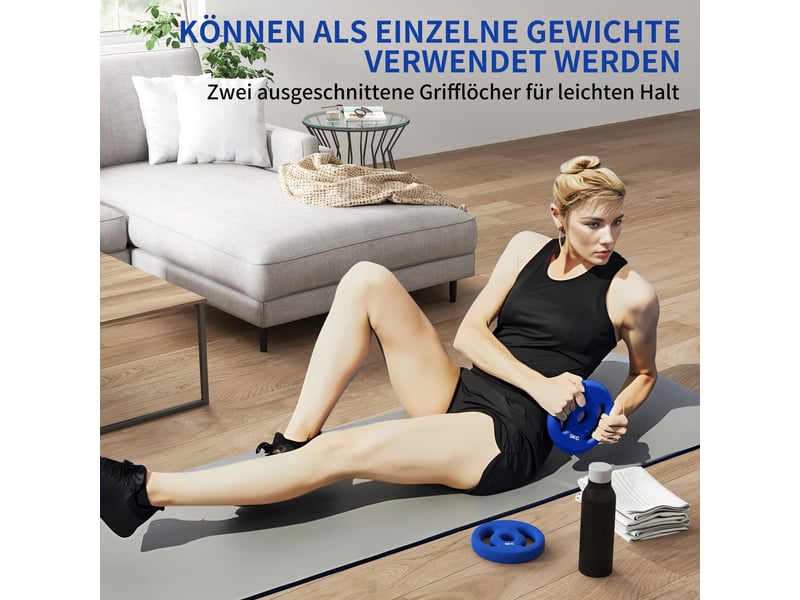 Lot de 2 disques de musculation 5kg, alésage 30 mm, poids bleus avec poignées pour fitness - Conforama D