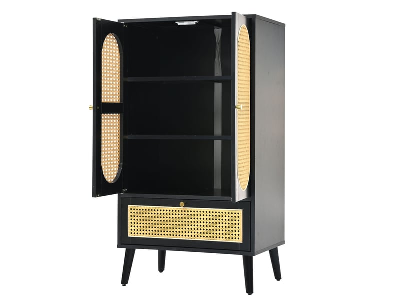  Buffet salon, meuble de rangement avec 2 portes et tiroir noir rotin 60x40x110,5 cm  - Conforama E