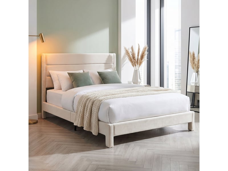  Lit 140 x 190 avec sommier à lattes en bois, lit double avec cadre de lit rembourré et structure métallique, charge maximale 500 kg, beige  - Conforama B