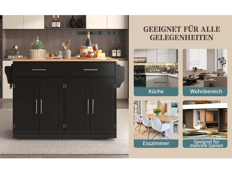 Desserte de cuisine noir et naturel 120 × 4670 × 91 cm en mdf, plateau rabattable, 4 portes, roulettes et pieds en bois - Conforama C