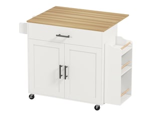 Desserte de cuisine sur roulettes avec plateau rabattable, 2 portes 1 tiroirs, 120x68x85 cm blanche
