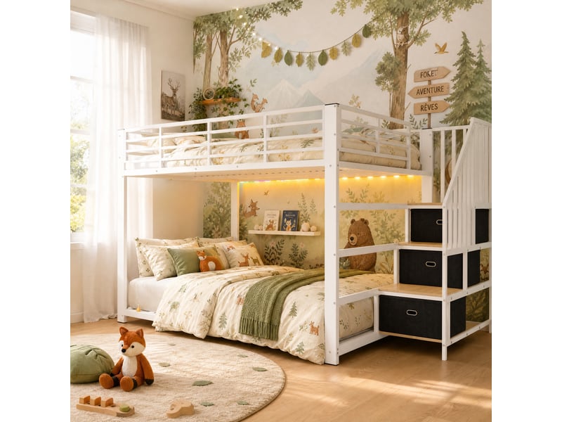  Lit superposé adulte 140 x 200 cm avec escalier réversible, rangement, led et prise électrique, mdf et métal, blanc OMNIGLINT TRADING LTD - Conforama E