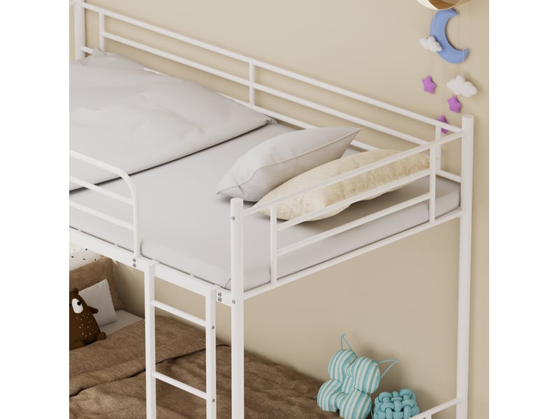  Lit superposé 90 × 190 cm 2 places avec échelle antidérapante et barrières hautes, sans matelas, en acier, blanc  - Conforama E