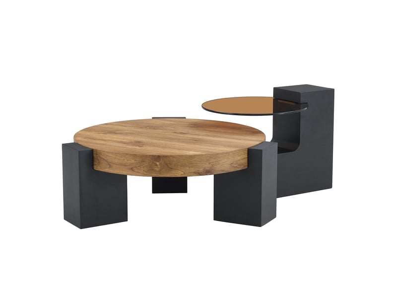  Table basse ronde 61x30 cm et desserte 44x44 cm, 2 niveaux, pieds en l démontables, salon, mdf et verre, noir et bois  - Conforama A