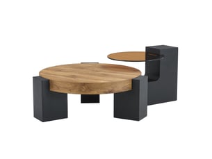 Table basse ronde 61x30 cm et desserte 44x44 cm, 2 niveaux, pieds en l démontables, salon, mdf et verre, noir et bois