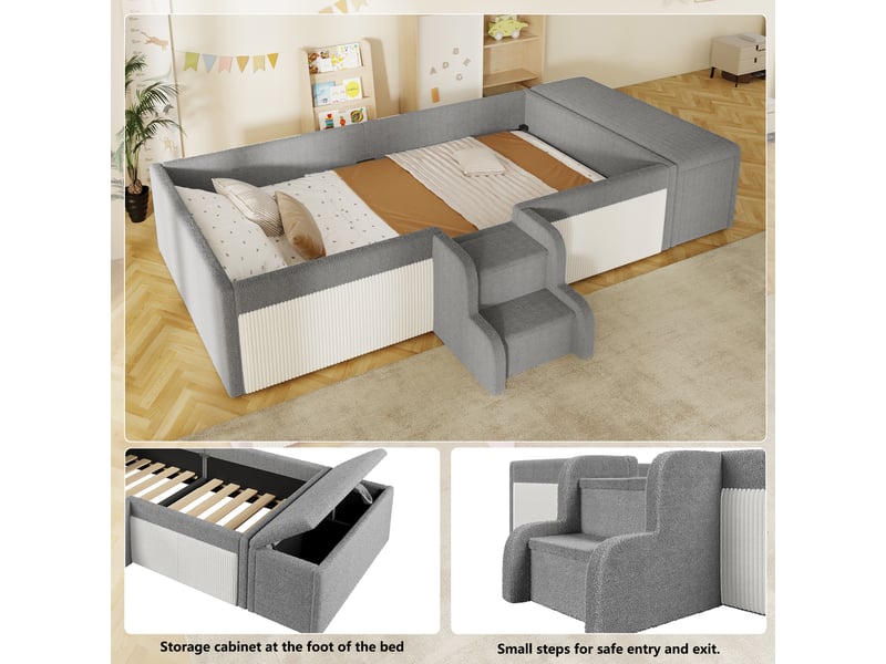  Lit simple rembourré 90x190 cm, lit 1 place, escalier avec rangement, support à lattes stable, charge maximale 120 kg, tissu bouclé gris CozyNest - Conforama E