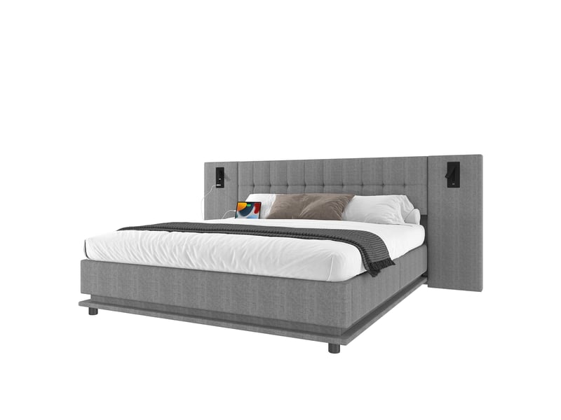 Lit double 180x200 cm - lit déco rembourré avec spot led et prise usb - lin + mdf - sans matelas - gris - Conforama A