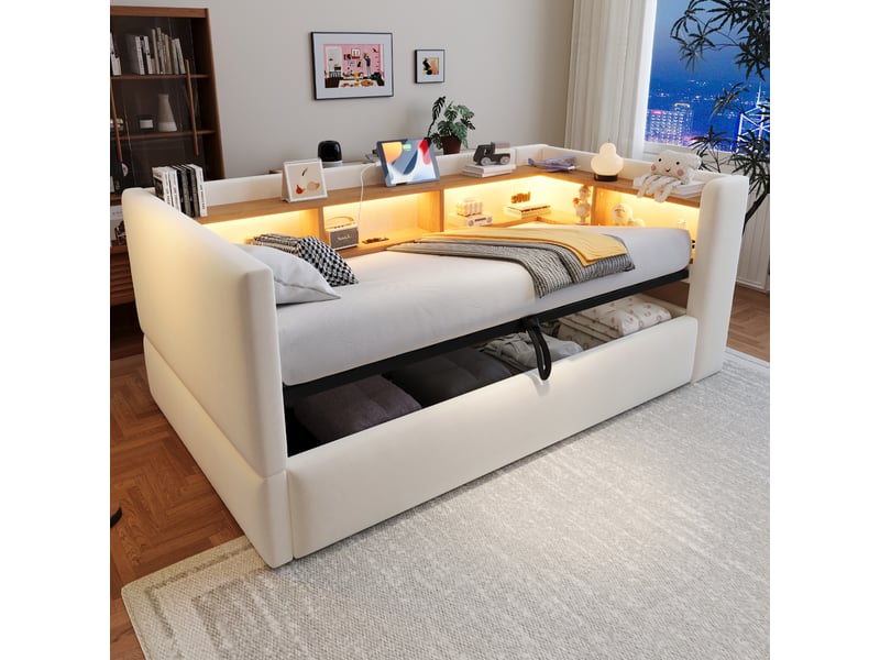  Canapé-lit 90x190 cm, lit enfant, couchage d'appoint, rangement hydraulique, beige, led  - Conforama A