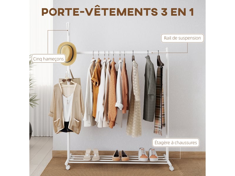  Portant à vêtements, porte-manteau sur roulettes avec étagère à chaussures et 5 crochets, blanc, 120 x 43 x 171 cm  - Conforama A