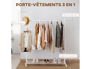 Portant à vêtements, porte-manteau sur roulettes avec étagère à chaussures et 5 crochets, blanc, 120 x 43 x 171 cm