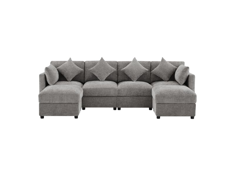  Canapé d'angle 4 places en chenille gris avec 2 poufs et accoudoirs réglables 90 120 180 degrés  - Conforama A
