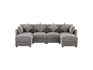 Canapé d'angle 4 places en chenille gris avec 2 poufs et accoudoirs réglables 90 120 180 degrés