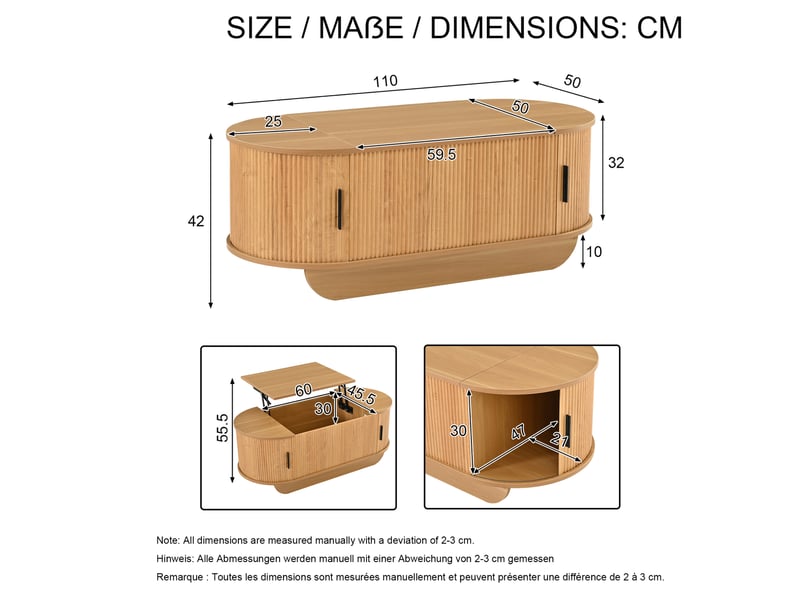  Table basse relevable ovale avec rangement et volets roulants latéraux, à mécanisme hydraulique, en mdf couleur bois  - Conforama C