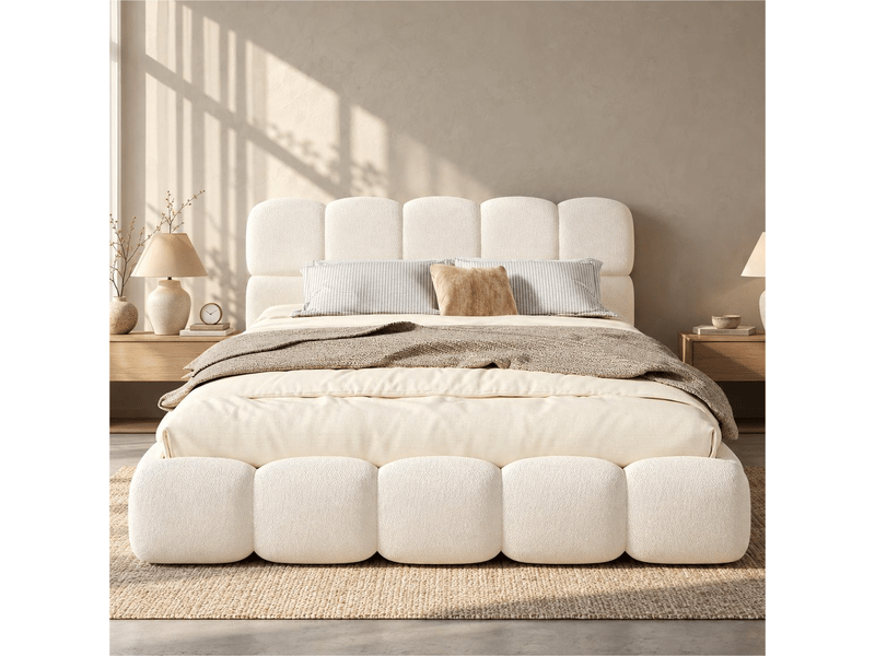  Lit coffre 200x200 cm, levage hydraulique, grand rangement, tête capitonnée, sommier à lattes, bouclette, blanc  - Conforama D