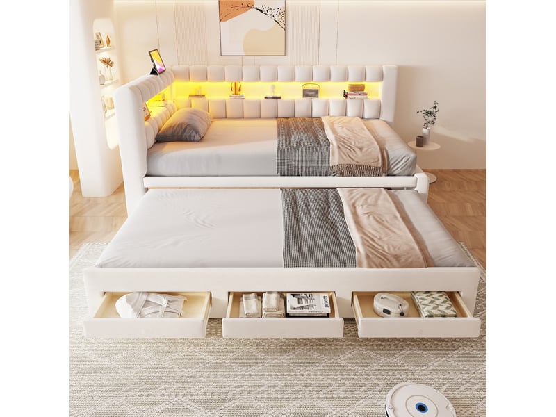 Lit banquette rembourré - 90x190 cm - convertible - tiroirs de rangement - rangements intégrés - éclairage led - port usb - beige CozyNest - Conforama B