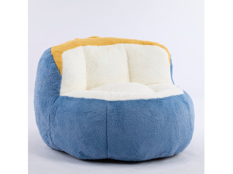  Fauteuil pouf grand format avec mousse déchiquetée, base antidérapante et poignée, en tissu bleu, blanc et jaune  - Conforama A