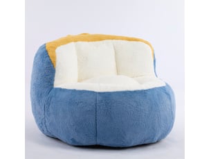 Fauteuil pouf grand format avec mousse déchiquetée, base antidérapante et poignée, en tissu bleu, blanc et jaune