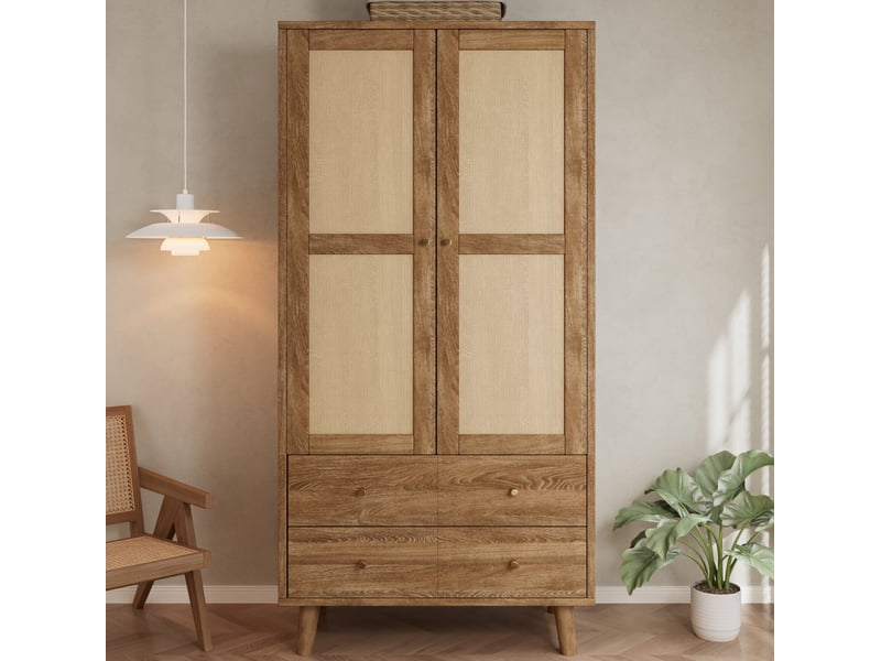  Armoire 2 portes avec penderie et 2 tiroirs 80x50x180 cm décor noyer foncé  - Conforama B