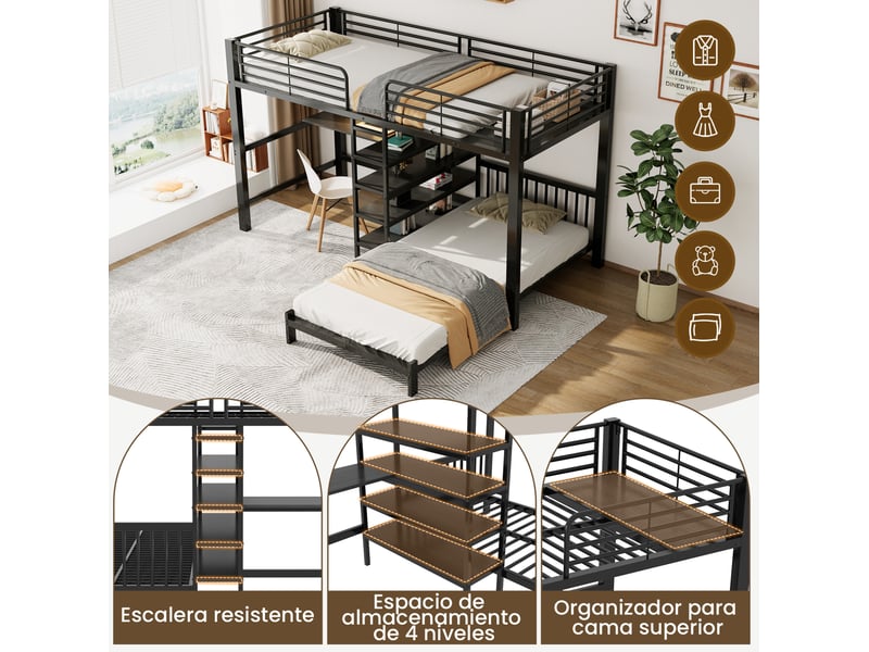  Lit superposé 90 × 200 cm 2 places avec bureau, 4 rangements, prises usb et usb-c, sans matelas, noir  - Conforama D