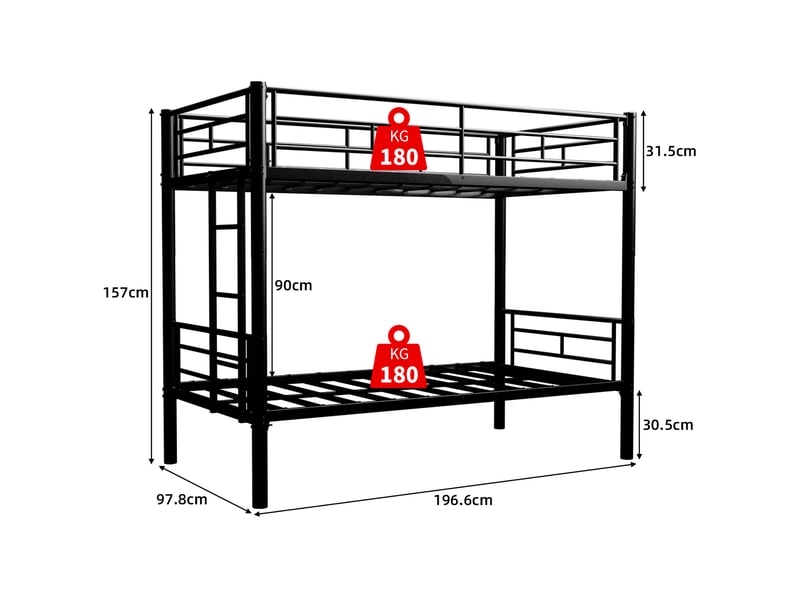  Lit superposé enfant 196,6x97,8x157 cm, convertible en 2 lits, structure métal, échelle antiglisse, noir, sans matelas  - Conforama C