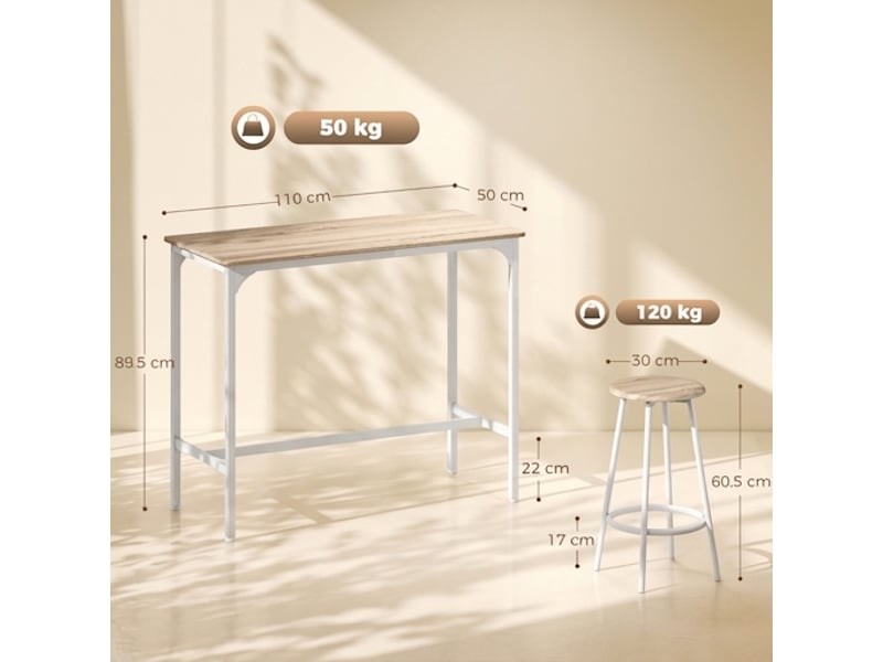  Ensemble table de bar 110x50x89,5 cm et 4 tabourets, style industriel chêne et blanc  - Conforama C
