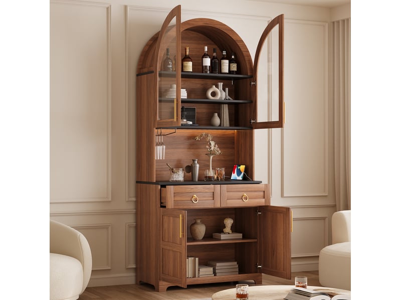 Buffet 80x40x180 cm avec vitrine en verre cintrée, éclairage led, prise intégrée et usb, 2 tiroirs, mdf, noyer - Conforama E