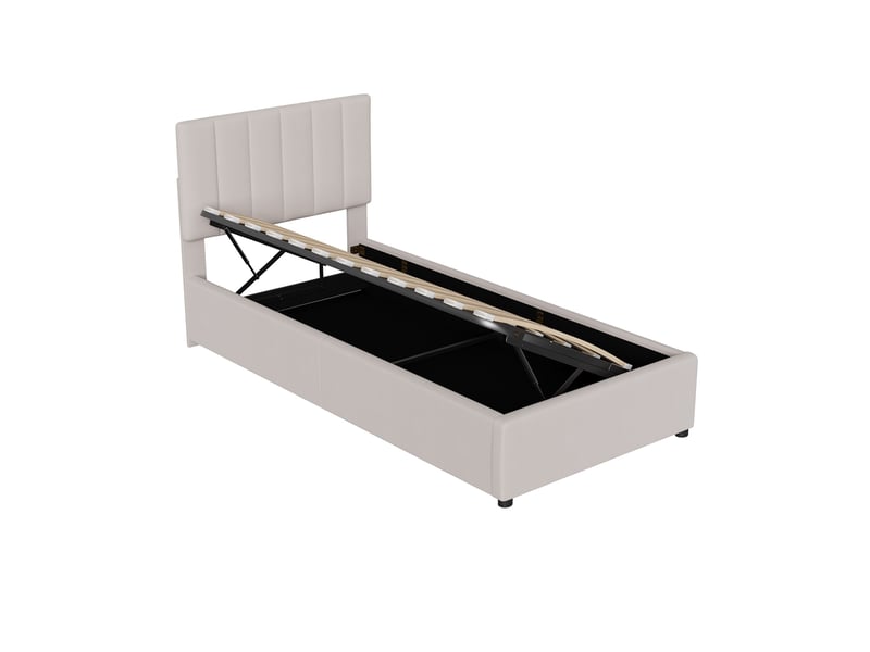  Lit coffre capitonné 90x200 cm, lit 1 place avec coffre de rangement, lit simple rembourré avec sommier à lattes, lin beige  - Conforama W