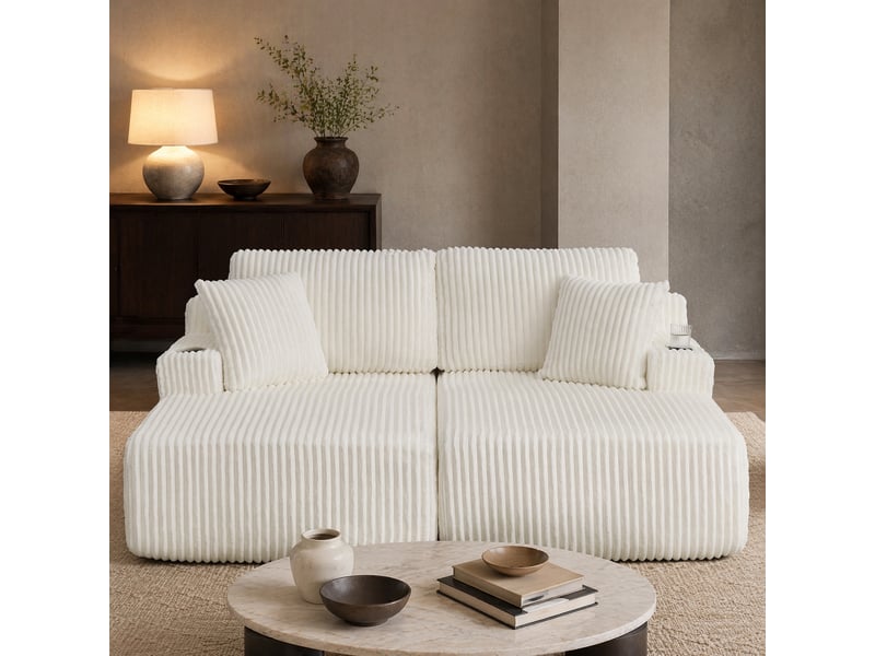  Canapé convertible 2 places en velours côtelé beige avec porte-gobelets et poche latérale  - Conforama C