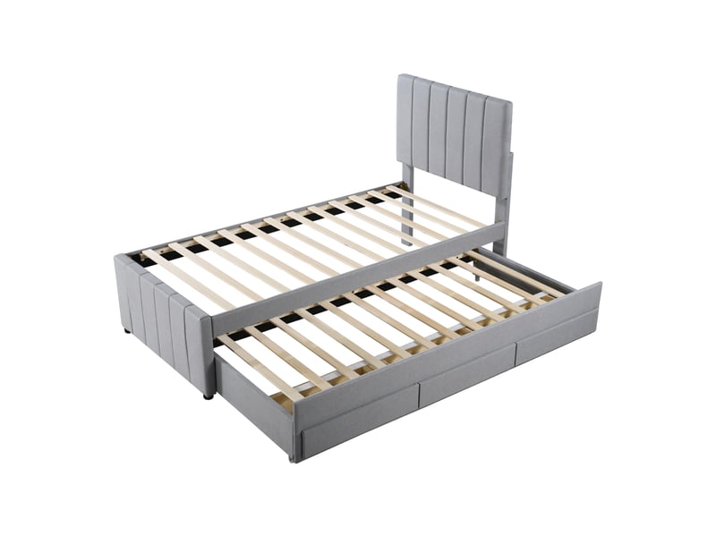  Lit enfant gigogne 90x200 cm en tissu gris, lit 90x190 et 3 tiroirs de rangement, sommier à lattes  - Conforama E