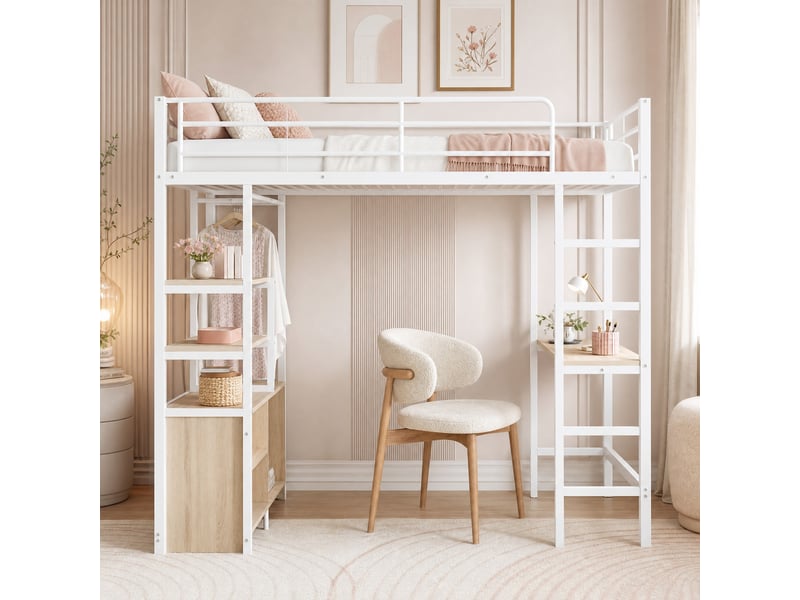  Lit mezzanine, lit simple avec bureau, prise, usb, étagères et rangements ouverts, 90x200 cm, sans matelas, blanc  - Conforama B