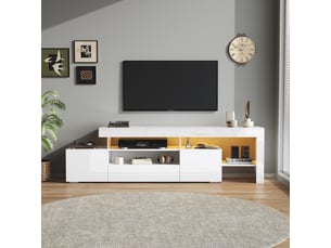 Meuble tv 192 cm blanc laqué avec éclairage led pour tv 85 pouces
