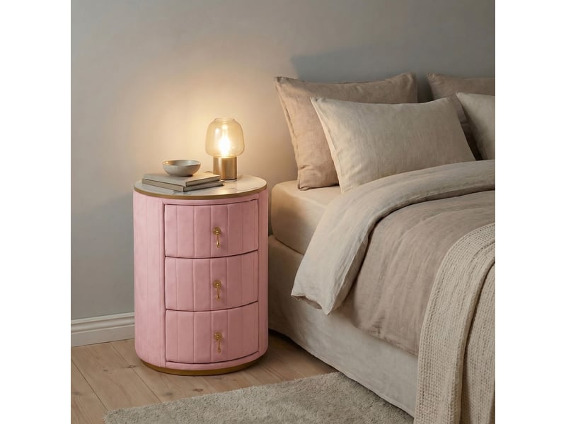 Table de chevet 3 tiroirs ronde rembourrée velours plateau marbre quincaillerie dorée meuble rangement moderne chambre salon rose - Conforama B