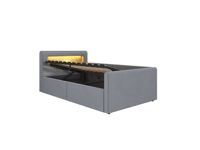  Lit enfant 90x200, velours gris clair, led, usb, étagère et rangement hydraulique  - Conforama E