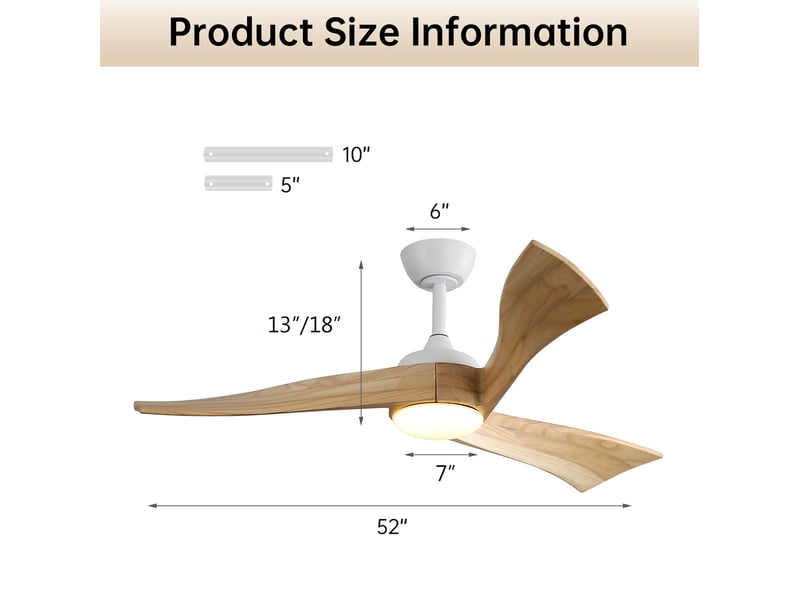 Ventilateur de plafond avec lumière 132 cm, 6 vitesses, télécommande, moteur dc réversible, métal et bois, blanc  - Conforama C