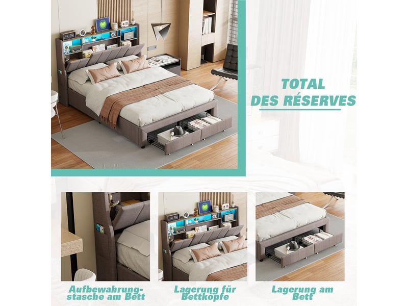 Cadre de lit 160x200 cm gris avec led, port usb, 2 tiroirs et rangements tête – style scandinave - Conforama E