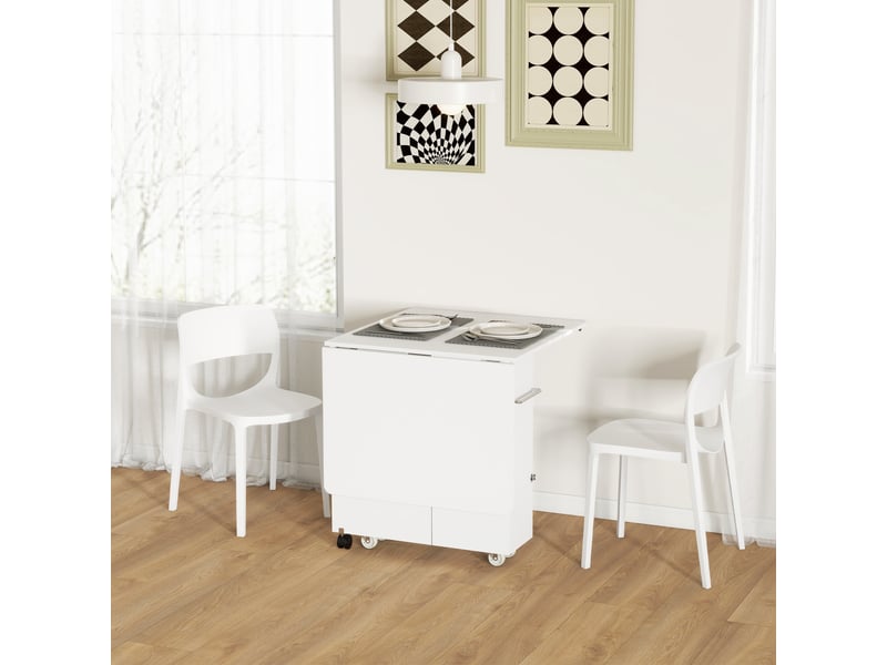 Table pliante à abattants avec étagères à 3 niveaux, coffre de rangement et roulettes, mdf, 130 x 80 x 76,5 cm, blanche - Conforama D